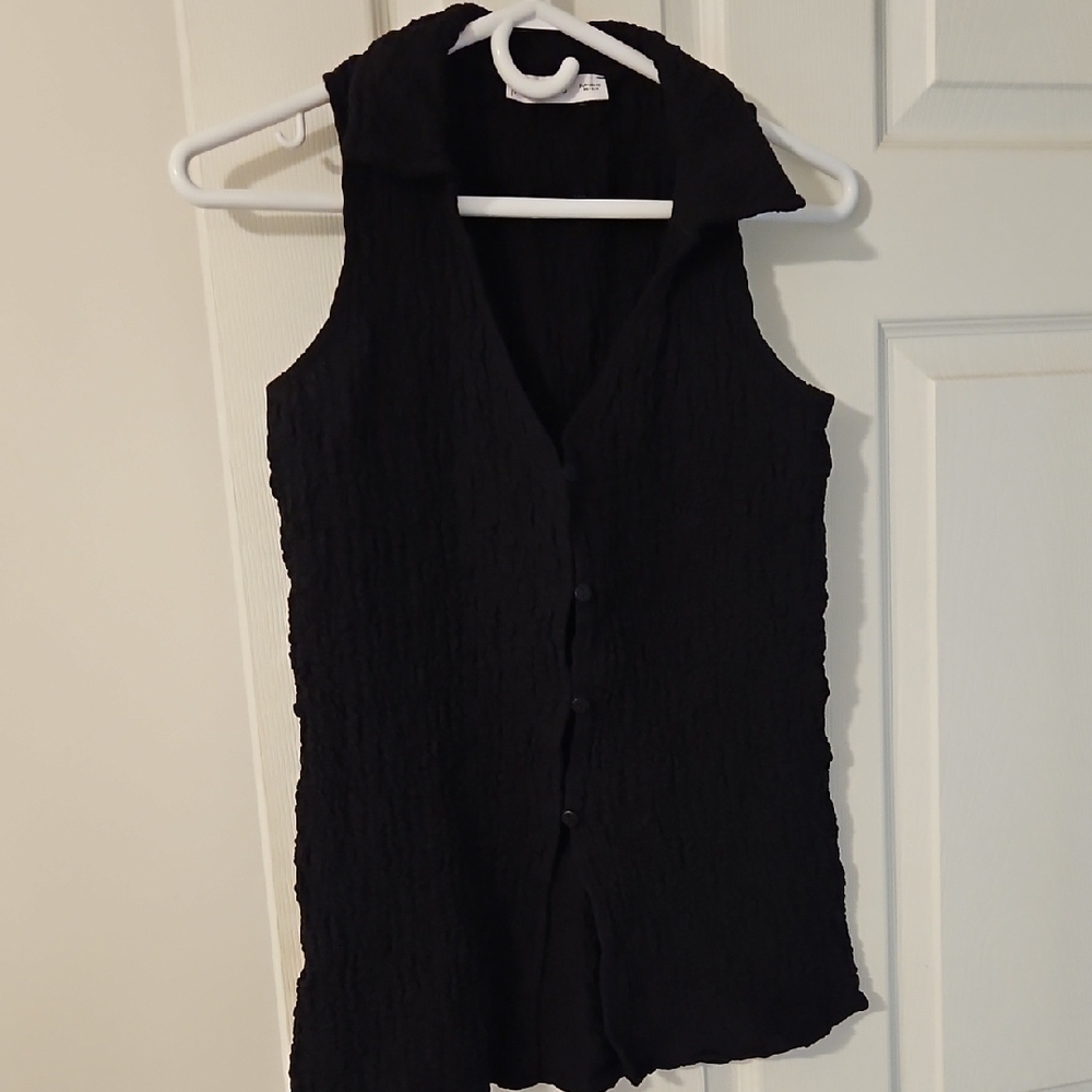 Mango Textured Black Button-up Collared Blouse